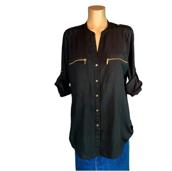 Calvin Klein Zip Pocket Roll Tab Blouse - Picture 2 of 9